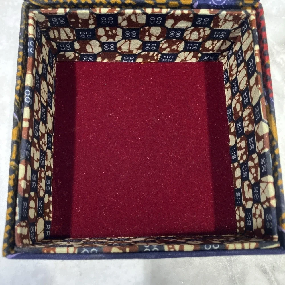 Fabric Keepsake Gift Box Geometric Boho Print Purple Red Gold Velour Lining  6